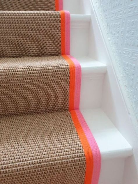 How To Stair Runner, Orange Stair Runner, Colourful Stair Runner, Pink Stair Runner, Colorful Beach Bedroom, Colorful Stair Runner, Contrast Wainscoting, Orange Stairs, Colourful Stairs