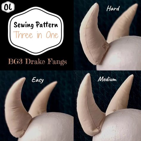 Want to make light weight, durable horns for your next cosplay or renfair? Have you considered fabric? Check out my three in one Drake Fangs horn sewing pattern. #cosplay #cosplaytutorial #horns #cosplayhorns #bg3 #tiefling #sewingpattern #sewing #etsyseller #sewingforbeginners Bg3 Tiefling, Horns Cosplay, Horn Pattern, Diy Horns, Cosplay Horns, Costume Making, Sewing Templates, Three In One, Anime Clothes