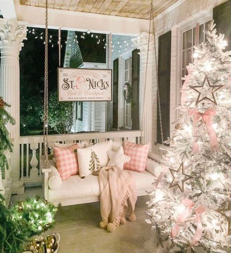 Christmas Porch Decorating Ideas, Christmas Entry, Potted Christmas Trees, Christmas Tree Lots, Porch Decorating Ideas, Pink Xmas, Christmas Doormat, Christmas Front Porch, Pink Christmas Decorations