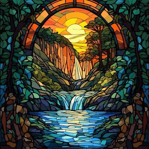 Landscape stained glass background natur... | Premium Vector #Freepik #vector #nature #background #flat #bird Stained Glass Sky, Stained Glass Nature, Nature Mosaic, Stained Glass Landscape, Stained Glass Background, Sunset Ideas, Stained Glass Painting, Vector Landscape, Glass Background