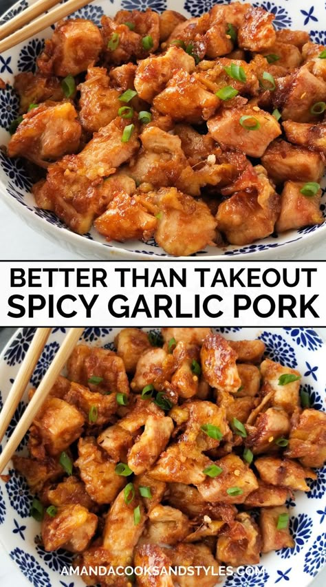 Spicy Garlic Ginger Pork – Slightly sweet and spicy takeout style pork recipe made with fresh ginger and garlic. Served over a bed of steamed rice with fresh chopped green onions and red pepper flakes for an extra kick. This Asian style pork is absolutely delicious! You are going to love it! Asian Style Pork, Asian Pork Recipes, Ginger Pork, Asian Pork, Chinese Cooking Recipes, Pork Dinner, Tenderloin Recipes, Spicy Pork, Pork Ham