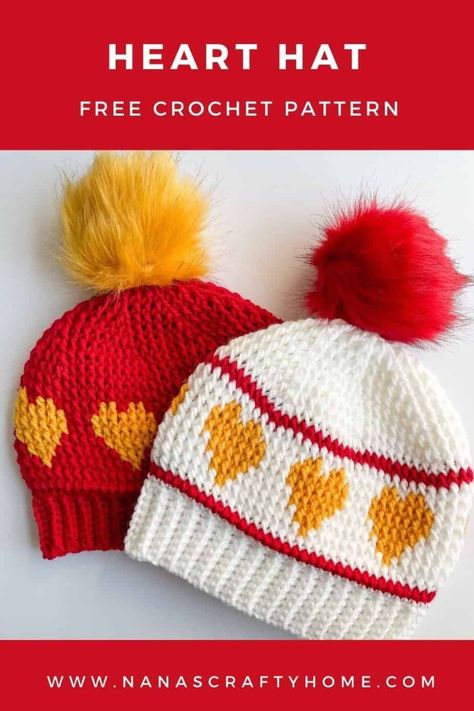 The Heart Hat is a free crochet pattern by Nana's Crafty Home! This fun colorwork hat is made with the textured front post double crochet stitch throughout. Worked from the bottom up this festive Valentine's Day hat can be made with or without stripes. Add the stripes for a sporty team spirit hat! C2c Heart, Crochet Baby Cap, Valentine Hats, Crochet Valentine Patterns, Crochet Beginners, Hat Patterns Free, Crochet Patterns Free Beginner, Valentines Patterns, Crochet Hat Free