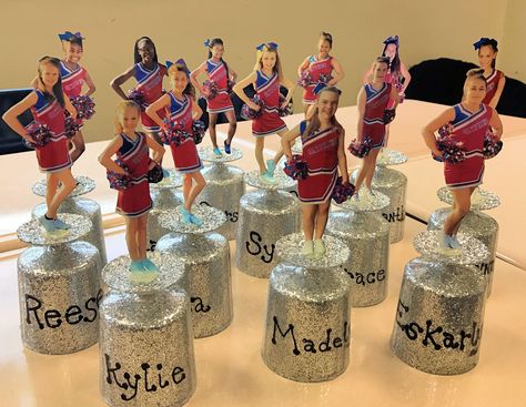 The Cheerleaders loved their personalized cheer trophies! Diy Cheerleader Gifts Ideas, Cheer Party Theme Ideas, Cheer Booth Ideas, End Of The Year Cheer Party, Cheer Awards Banquet Gift Ideas, Cheer Centerpiece Ideas, Cheer Memory Ideas, Cheer Banquet Centerpieces Diy, Cheerleading Spirit Ideas