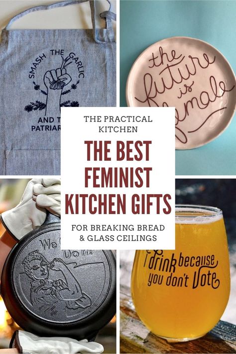 I've rounded up all my favorite feminist kitchen gift ideas in one handy place. From snarky and sincere feminist aprons, to glassware celebrating iconic women from history, to, yes, feminist cast iron pans — these kitchen gifts are perfect for breaking bread and glass ceilings. These gifts for feminist foodies are perfect for anyone who loves breaking bread and glass ceilings! The Practical Kitchen, Kitchen Gift Ideas, Feminist Gifts, Cast Iron Pans, Cooking Gifts, Glass Ceilings, Feminist Books, Spiced Drinks, Breaking Bread