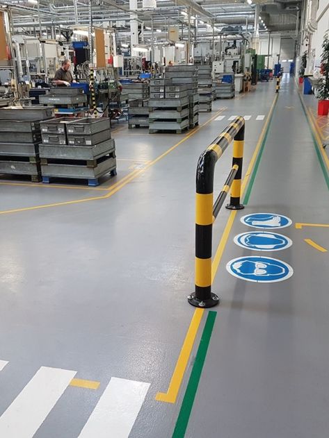 Our seamless, impact, chemical, abrasion-resistant floors do the work of ten floors. Manufacturing Factory Design, Floor Signage, Warehouse Layout, Car Showroom Design, Health And Safety Poster, Visual Management, Garage Workshop Plans, Factory Interior, Epoxy Floors