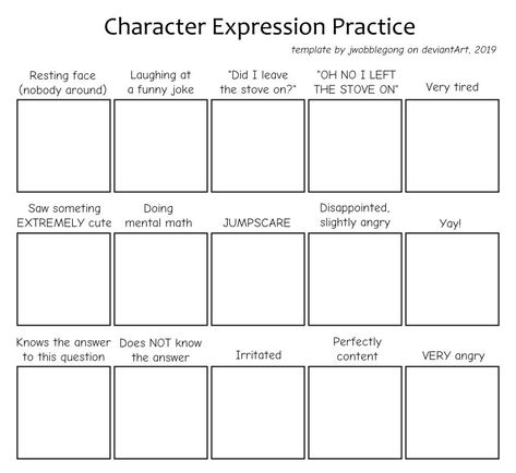 Drawing Panels, Expression Chart, Expression Practice, Oc Things, Funny Charts, Drawing Meme, Character Sheet Template, Art Style Challenge, Drawing Ideas List