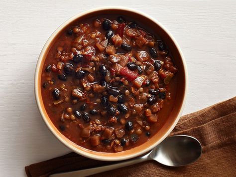 Black Bean, Lentil and Eggplant Chili Recipe : Food Network - FoodNetwork.com Superbowl Chili Recipe, Top Chili Recipes, Black Bean Lentil, Chili Recipe Food Network, Eggplant Chili, Best Eggplant Recipe, Chili Vegetarian, Chili Recipe With Black Beans, Chili Food