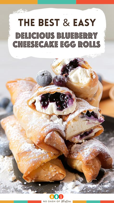 Blueberry Thanksgiving Desserts, Appetizers With Egg Roll Wrappers, Cheesecake Spring Rolls, Blueberry Cheesecake Eggrolls, Desserts With Egg Roll Wrappers, Strawberry Cheesecake Eggrolls, Blueberry Egg Rolls, Spring Roll Dessert Recipes, Ready Made Cheesecake Filling Recipes