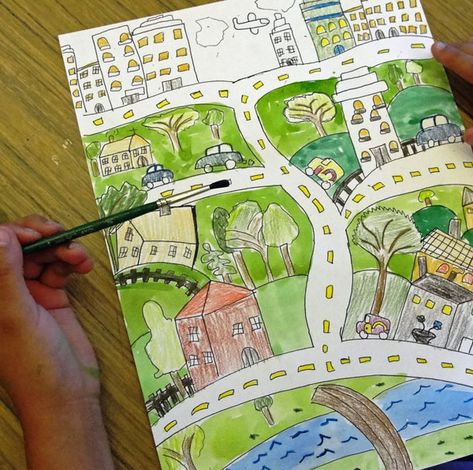 folk art city - line drawing. love this! Each kid could draw a map of a real place or something from their imagination Map Drawing Ideas, Color Art Lessons, 3rd Grade Art Lesson, Creative Art Projects, Map Drawing, Deep Space Sparkle, 2nd Grade Art, 5th Grade Art, 3rd Grade Art