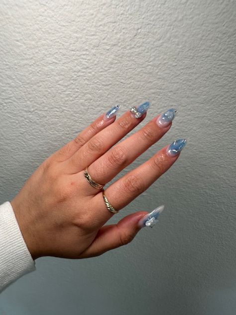 Blue Theme Nails, Blue Nails With Bow, Blue Bow Nails, Blue Nails Sparkle, Nails Asian, Douyin Nails, Nails Bow, Bow Nails, Nails Sparkle