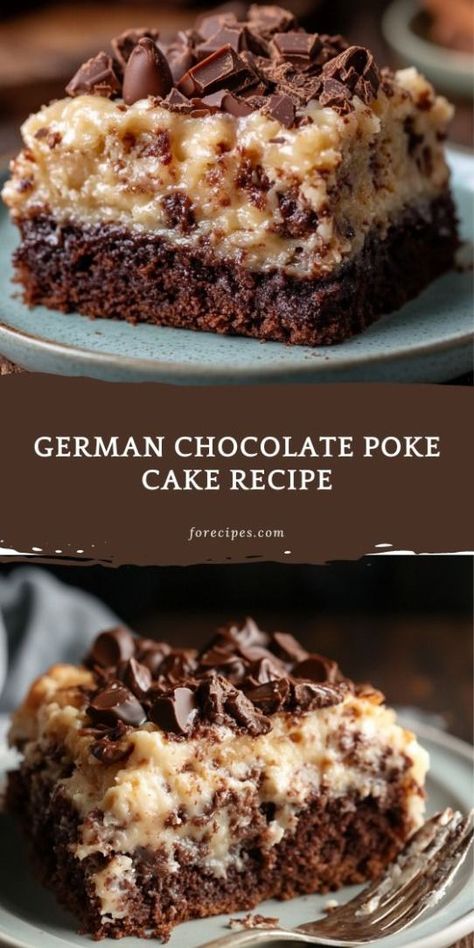 German Chocolate Poke Cake is a decadent twist on the classic German Chocolate Cake. This easy-to-make dessert features a moist chocolate cake that's filled with rich, gooey caramel and topped with a luscious coconut-pecan frosting. Perfect for any celebration or just a sweet treat to indulge in, this poke cake is sure to satisfy your chocolate cravings. German Chocolate Poke Cake, German Chocolate Cake Recipe, Poke Cake Recipe, Chocolate Poke Cake, German Desserts, Gooey Caramel, Strawberry Dessert Recipes, Poke Cake Recipes, Cinnamon Roll Cake