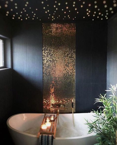 Home Sweet Home... Gold Tile Backsplash, Tile Mosaic Art, Restroom Remodel, Gold Bad, Gold Bathroom Decor, Black And Gold Bathroom, Gold Tile, Best Bathroom Designs, Contemporary Bathroom Designs