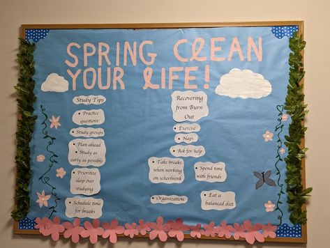 A spring bulletin board under the theme of "academic commitment" April Ra Bulletin Boards, Ra Bulletin Boards Spring Semester, April Bulletin Boards, Bulletin Ideas, College Bulletin Boards, Door Decks, Ra Bulletins, Ra Boards, Spring Bulletin