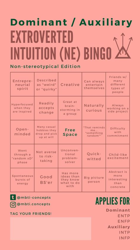 Extrovert Bingo, Entp Bingo, Extroverted Intuition, Mbti Bingo, Infp Vibes, Friend Games, Cognitive Functions Mbti, Ig Games, Extraverted Intuition