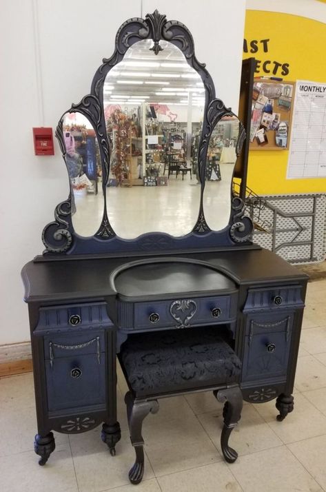 Gothic Vanity, Etsy Furniture, Antique Furniture Makeover, Goth Bedroom, Vanity Makeover, Gothic Furniture, Dark Home Decor, Antique Vanity, Painting Furniture Diy