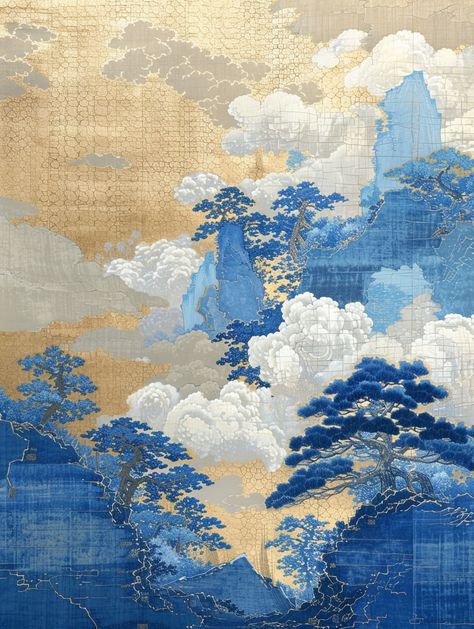 Zen Chinese Landscape with Mountains and Clouds Blue Gold White Aesthetic, Traditional Chinese Aesthetic, Blue Chinese Aesthetic, Chinese Clouds, Contemporary Chinese Art, Chinese Art Background, Chinese Painting Traditional, Chinese Traditional Art, Chinese Mountain Painting