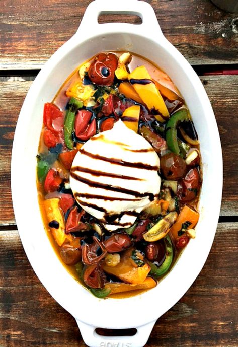 Roasted Veggie Salad With Burrata Salad With Burrata, Roasted Veggie Salad, Burrata Recipe, Burrata Salad, Burrata Cheese, Appetizers For A Crowd, Cold Appetizers, Veggie Salad, Roasted Peppers