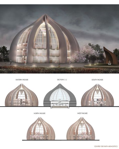 This project shows that there can be a unique place which is open for all regardless of their faith. Triangle Architecture Concept, Dome Model Architecture, Architectural Folly, Pavilion Architecture Model, Triangular Architecture Concept, Organic Architecture Concept, Glass Pyramid Architecture, Architecture 101, Open Architecture