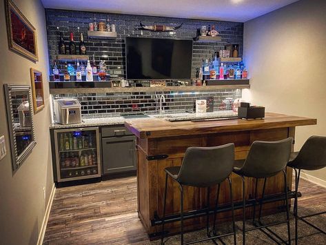 Small Bar Ideas For Basement, Bar With Tv And Shelves, Basement Bar Ideas With Refrigerator, Home Bar Makeover, Man Cave Kitchenette, Small Room Bar Ideas, Small Garage Bar, Basement Corner Bar Ideas, Downstairs Bar Ideas