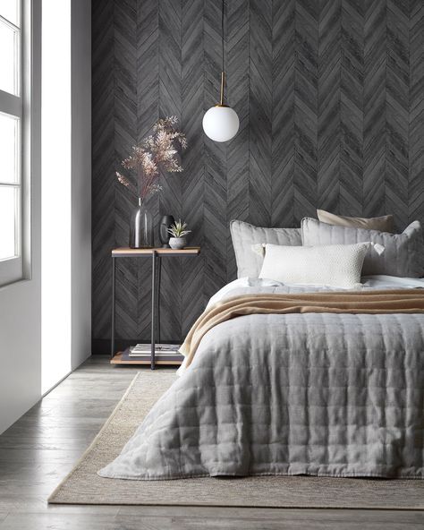 Chevron Wallpaper Bedroom, Grey Wallpaper Bedroom, Dark Gray Bedroom, Dark Grey Wallpaper, Chevron Wallpaper, Grey Bedroom, Simple Bed, Grey Chevron, Gray Bedroom