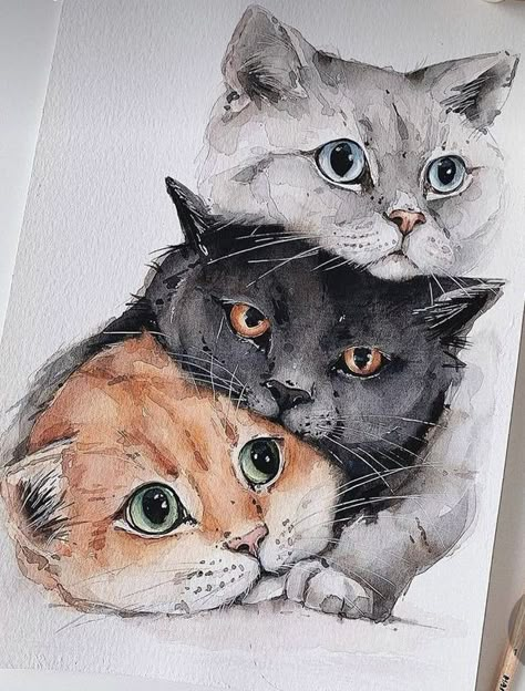 Akvarel Illustration, Cats Art Drawing, Watercolor Blog, 강아지 그림, Three Cats, Watercolor Cat, Watercolor Art Lessons, Arte Sketchbook, Dessin Adorable