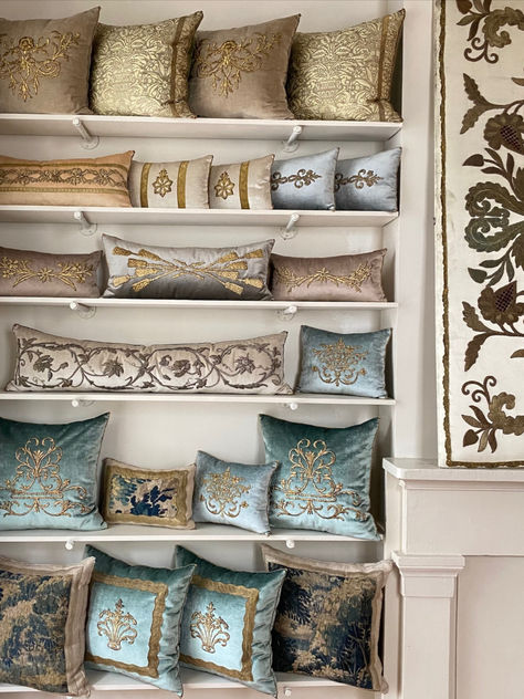 More than just a pillow our one of a kind designs are pieces of art, made from pieces of history. Making them the perfect accent for your home. Fancy Pillows, Luxury Pillows Decorative, Bed Cover Design, Glamour Decor, Vintage Bedding, Antique Ottoman, Luxury Pillows, Luxury Cushions, Pillow Fabric