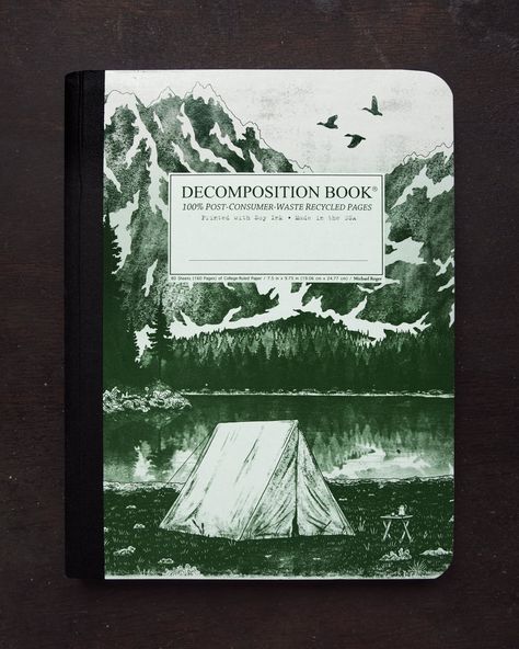 Notebook cover design for Decomposition Book that depicts a camping tent setup along the bank of a mountain lake. These notebooks are 100% post-consumer waste and can be found at stores like Target and Walmart. Designed by Nicholas Moegly. #notebook #cover #camping #tent #mountains Decomposition Book, Decomposition Notebook, Recycled Notebook, Notebook Cover Design, Book Cover Template, Ruled Paper, Pop Up Event, Composition Book, Composition Notebook