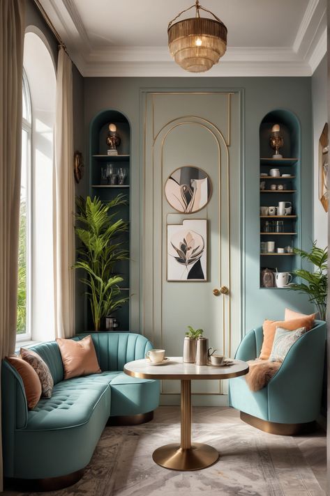 10 Ideas and Inspiration for Art Deco Style Coffee Nooks - afullmug.com Relaxing Nook Cozy Corner, French Inspired Office, Cozy Nook Living Room, 1920s Office, Coffee Nook Ideas, Art Deco Apartment Decor, Art Deco Interior 1920s, Tea Nook, Coffee Nooks