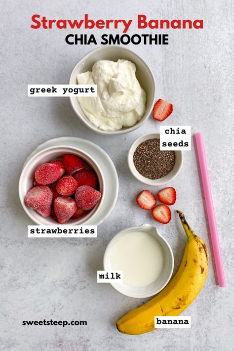 Easy Strawberry Banana Smoothie with Chia Seeds Strawberry Banana Chia Seed Smoothie, Strawberry Banana Oatmeal Smoothie, Smoothie Recipes Chia Seeds, Easy Breakfast Smoothie Recipes, Healthy Filling Breakfast Smoothies, Strawberry Banana Smoothie Recipe Yogurt, Foods With Chia Seeds, Smoothie Banana Strawberry, Smoothies For Periods