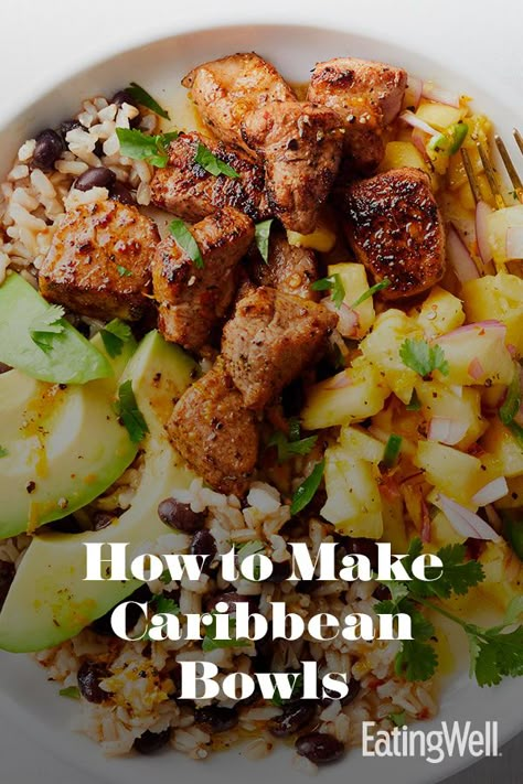 Try our Caribbean bowl, with a twist, Jamaican Jerk seasoned pork. This bowl is topped with pineapple, avocado, a tasty base of rice and beans. #howtocook #howtocookhealthy #healthycooking #healthytips #recipe #eatingwell #healthy Jamaican Jerk Chicken Bowl, Jamaican Lunch Ideas, Carribean Dinner Recipes, Jerk Recipes Jamaica, Healthy Carribean Recipes, Carribean Bowl, Healthy Carribean Meals, Easy Caribbean Recipes, Healthy Caribbean Recipes