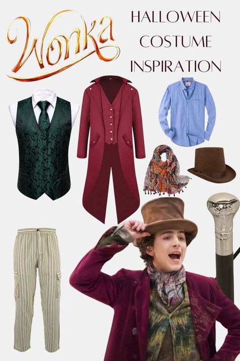 Timothee Chalamet 2023 Wonka and what you need for the halloween/cosplay look - red tail jacket, patterned green waistcoat, silk scarf, trousers and brown top hat. Wonka Outfit Ideas, Wonka Inspired Outfit, Willy Wonka Outfit Ideas, Willy Wonka Inspired Outfit, Willy Wonka Disfraz, Timothee Chalamet Willy Wonka, Willy Wonka Timothee Chalamet, Willy Wonka Outfit, Wonka Outfit