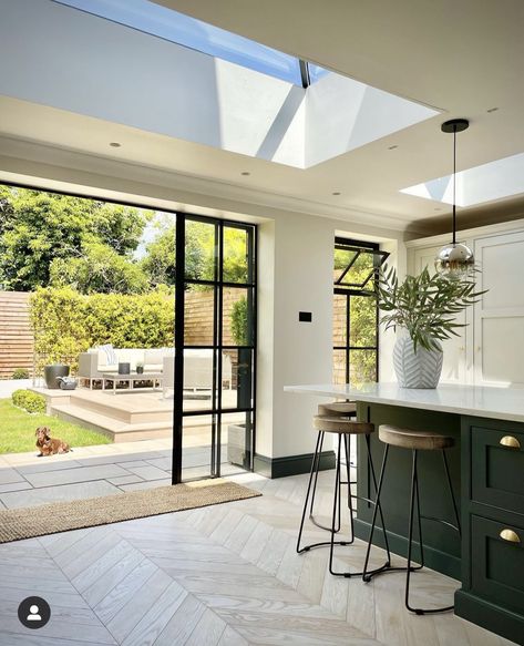 Flat Renovation, Conservatory Kitchen, Dark Green Kitchen, House Extension Plans, Open Plan Kitchen Dining Living, Open Plan Kitchen Diner, Open Plan Kitchen Dining, Open Plan Kitchen Living Room, House Extension Design