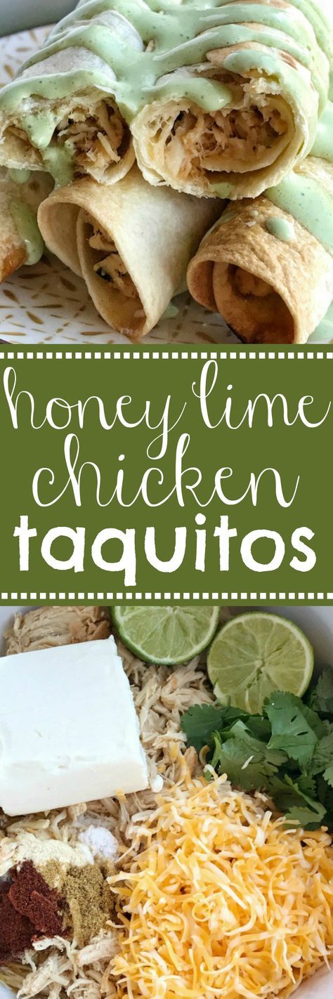 Baked Honey Lime Chicken Taquitos | A creamy, perfectly seasoned chicken mixture rolled up in a crispy flour tortilla and baked. No deep frying these taquitos! Baked honey lime chicken taquitos are a family favorite dinner. Dip in an easy sour cream salsa verde sauce and dinner is served #taquitos #chickenrecipes #mexicanrecipes Taquitos Baked, Salsa Verde Sauce, Lime Chicken Breast, Lime Chicken Tacos, Lime Chicken Recipes, Honey Lime Chicken, Verde Sauce, Dip Sauce, Chicken Taquitos