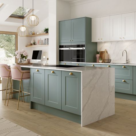 Looking for two tone kitchen inspiration or shaker kitchen inspiration? Our Chelford Paintable Reed Green Kitchen and Chelford White Kitchen is perfect for your two tone kitchen ideas and traditional kitchen ideas. The white marble worktop, chrome kitchen tap and brass hardware are perfect for creating a traditional kitchen design with a modern kitchen design twist. Add your favourite home decor and pink bar stools. Shaker Kitchen Inspiration, Howdens Chilcomb, Marble Worktop, Pink Bar Stools, Kitchen Cabinet Color Ideas, Pink Bar, Handleless Kitchen, Traditional Kitchen Design, House Extension