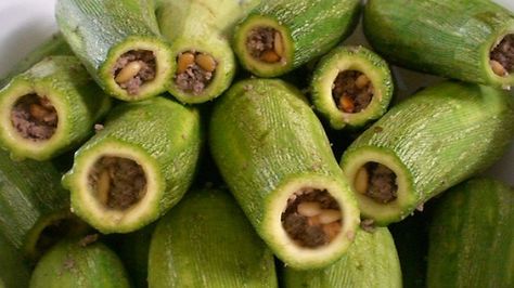 Cousa-Mashi-_-Arabic-Stuffed-Zucchini-Recipezaar-17849.730x410 Cousa Squash, Syrian Recipes, Syrian Food, Zucchini Recipe, Stuffed Zucchini, Green Pepper, Squash Recipes, Summer Squash, Zucchini Recipes