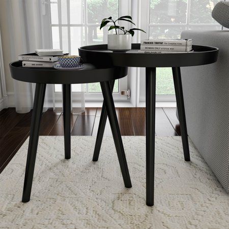 Nesting End Tables Circular Contemporary Deco by Lavish Home (Black, Set of 2) Mid Century Modern Accent Table, Nesting End Tables, Modern Accent Tables, Bedside Night Stands, Black Side Table, End Table Sets, Round Tray, Large Table, Table Dimensions