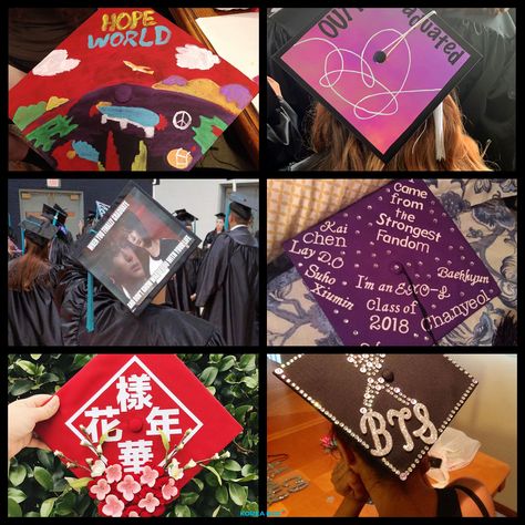 Graduation Cap Dimensions, Kpop Graduation Caps, Kpop Graduation, Funny Graduation Caps, Creative Graduation Caps, College Grad Cap Ideas, Graduation Cap Decoration Diy, High School Graduation Cap, College Graduation Cap Decoration