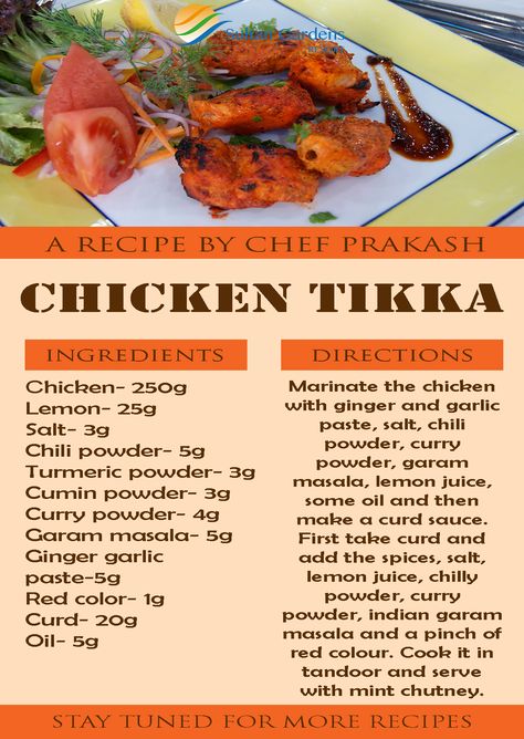 Recipe of the week! Divine "Chicken tikka" prepared by our onsite Indian chef Prakash! 🍗 #SultanGardens #Resort #Beach #Egypt #Sharm #WeCareAndItShows #Indianfood #ChickenTikka #recipe Tandoori Chicken Tikka Recipe, Tandoori Chicken In Oven, Authentic Tandoori Chicken Recipe, Tandoori Chicken Salad, Tandoori Chicken Marinade, Tandoori Chicken Tikka, Nonveg Recipes, Chicken Kurma, Chicken Tikka Recipe