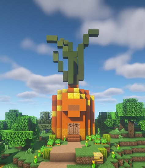 Minecraft Carrot House, Carrot Farm Minecraft, Fruit House Minecraft, Minecraft Food House, Minecraft Vegetable Garden, Minecraft Fruit House, Minecraft Carrot, Carrots Aesthetic, Minecraft Green House