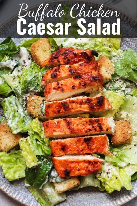 sliced grilled buffalo marinated chicken on top of creamy cheesy caesar salad with croutons Spicy Chicken Marinades, Chicken Basil Pasta, Creamy Caesar Dressing, Chicken Caesar Salad Recipe, Healthy Chicken Parmesan, Buffalo Chicken Salad, Spicy Salad, Caesar Salad Recipe, Fresh Salad Recipes