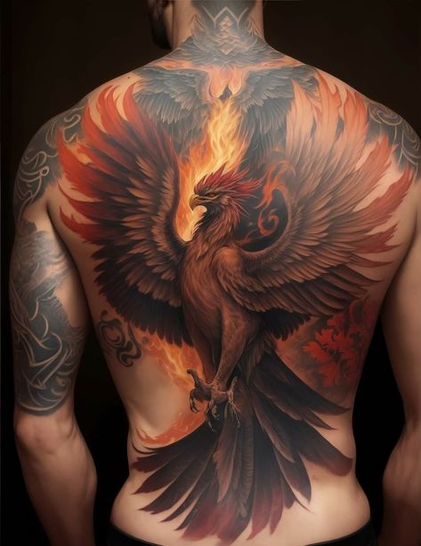 Full Color Phoenix Tattoo, Phoenix Tattoo Design Men, Phoenix Chest Tattoo, Mindful Tattoo, Flying Phoenix Tattoo, Phoenix Back Tattoo, Tato Phoenix, Phoenix And Dragon, Japanese Phoenix Tattoo