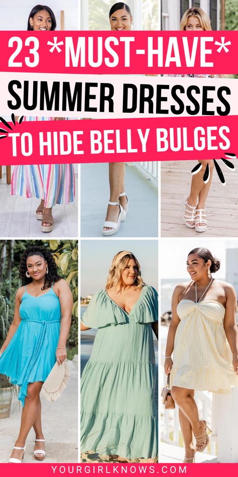 Busting out of your summer clothes? Stop hiding at home and show off your beautiful curves with our selection of flattering summer dresses. Shop now for the perfect style to hide those belly bulges and look gorgeous all season long! B Belly Outfits Plus Size, Dresses To Hide Pregnancy, Dresses To Hide Tummies, Dress For Fat Belly Women, Summer Outfits For Big Belly Women, Summer Dresses For Curvy Women, Curvy Girl Outfits Summer, Dresses For Apple Shape, Mom Belly