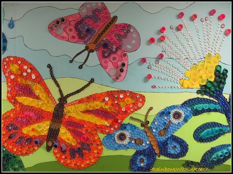 Mammoth UP-Cycled Mural Butterfly Mural, Recycle Bottle Caps, Bottle Top Crafts, Upcycle Design, Group Art Projects, Plastic Bottle Caps, Cap Art, Fun Factory, Bottle Cap Art