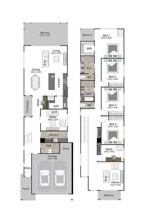 Narrow House Plans Two Story 4 Bedroom, Croatia Apartment, Narrow Floor Plans, Hamptons Facade, Transportable Homes, Duplex Floor Plans, Narrow House Designs, Narrow House Plans, Two Story House Design