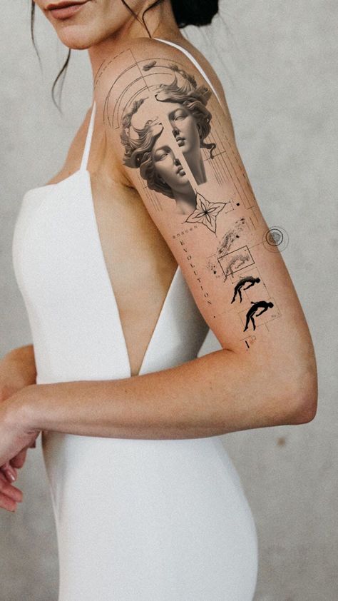 #tattoo #tattooideas #design #art Collage Tattoos, Scientific Tattoo, Apollo Tattoo, Arm Tattoo Designs, Aphrodite Tattoo, Collage Tattoo, Science Tattoo, Graphic Tattoo, Fern Tattoo