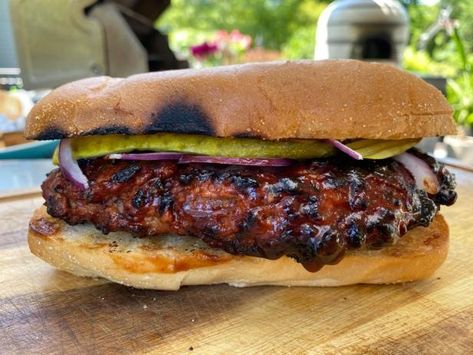 Get MacDaddy Mauro BBQ Boneless RiBurger Recipe from Food Network Bobby Flay Brunch, Memorial Day Recipes, Dill Pickle Slices, Jeff Mauro, Brunch Burger, Lemon Pepper Chicken Wings, Sub Rolls, Side Salads, Greek Lemon Chicken