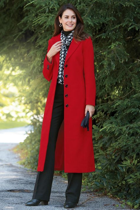 Single-Breasted Long Wool Coat: Classic Women’s Clothing from #ChadwicksofBoston $79.99 - $149.99 Work Office Outfits, Red Coat Outfit, Mode Kimono, Long Wool Coat, Red Coat, Outfits For Women, Coat Outfits, Winter Mode, Outfits Women