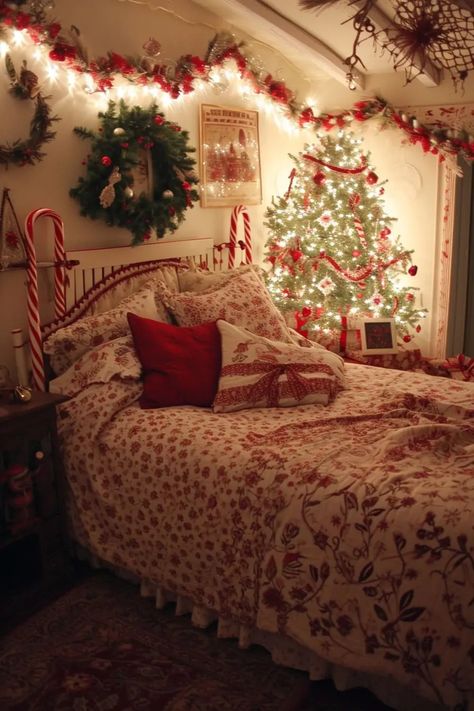 25 Magical Christmas Lights Bedroom Ideas for a Dreamy Glow - Roomy Retreat Christmas Lights For Room, Christmas Bedroom Cozy Aesthetic, Bedroom Christmas Aesthetic, Bedrooms Decorated For Christmas, Decorate Bedroom For Christmas, Christmas Lights Bedroom, Cozy Christmas Bedroom Aesthetic, Christmas Bedrooms Cozy, Cozy Christmas Room