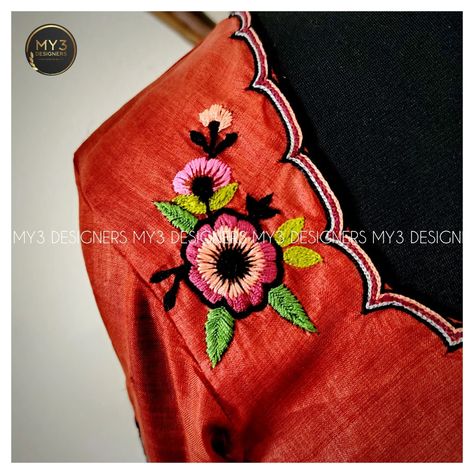 The Classy edit - Brick Red ❤️ Puresilk work blouse with 🪅 customised Cutwork highneck neckline and sleeves ✨ with lovely butterfly with precise ombre affect adored with thread knot work, and Sequence with 👍⭐ fine detailing and pure craft manship 🪡🧵 👇 MODEL NO : 89 👇 Blouse can be customised✔️ in any colour and model🎀 of your choice as per your saree🥻 requirement. Ex: 👗Fabric, embroidery🪡 placements, neckline and tassels 💥 👇 📌 For more details 🏷️and bookings DM, ☎️ call / WhatsApp +91903287... Maggam Works, Fabric Embroidery, Brick Red, Work Blouse, Call Whatsapp, Cut Work, Blouse Designs, Machine Embroidery, Knot