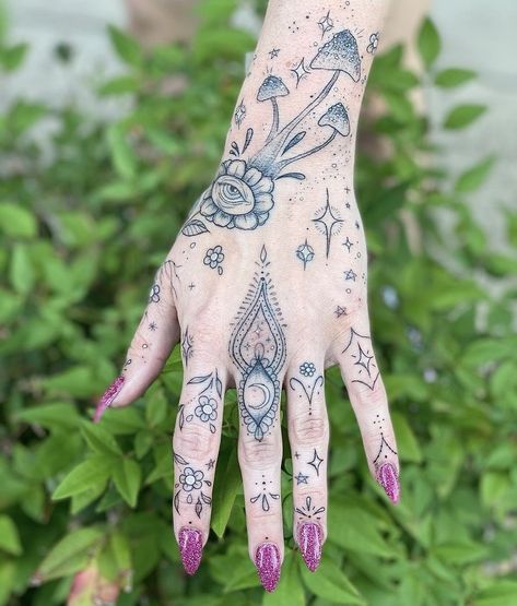 Mystical Garden Tattoo, Whimsical Hand Tattoo, Witchy Garden Tattoo, Fairy Finger Tattoo, Witchy Hands Tattoo, Whimsical Garden Tattoo Sleeve, Witchy Floral Sleeve Tattoo, Whimsical Tattoos For Women, Whimsical Tattoo Sleeve